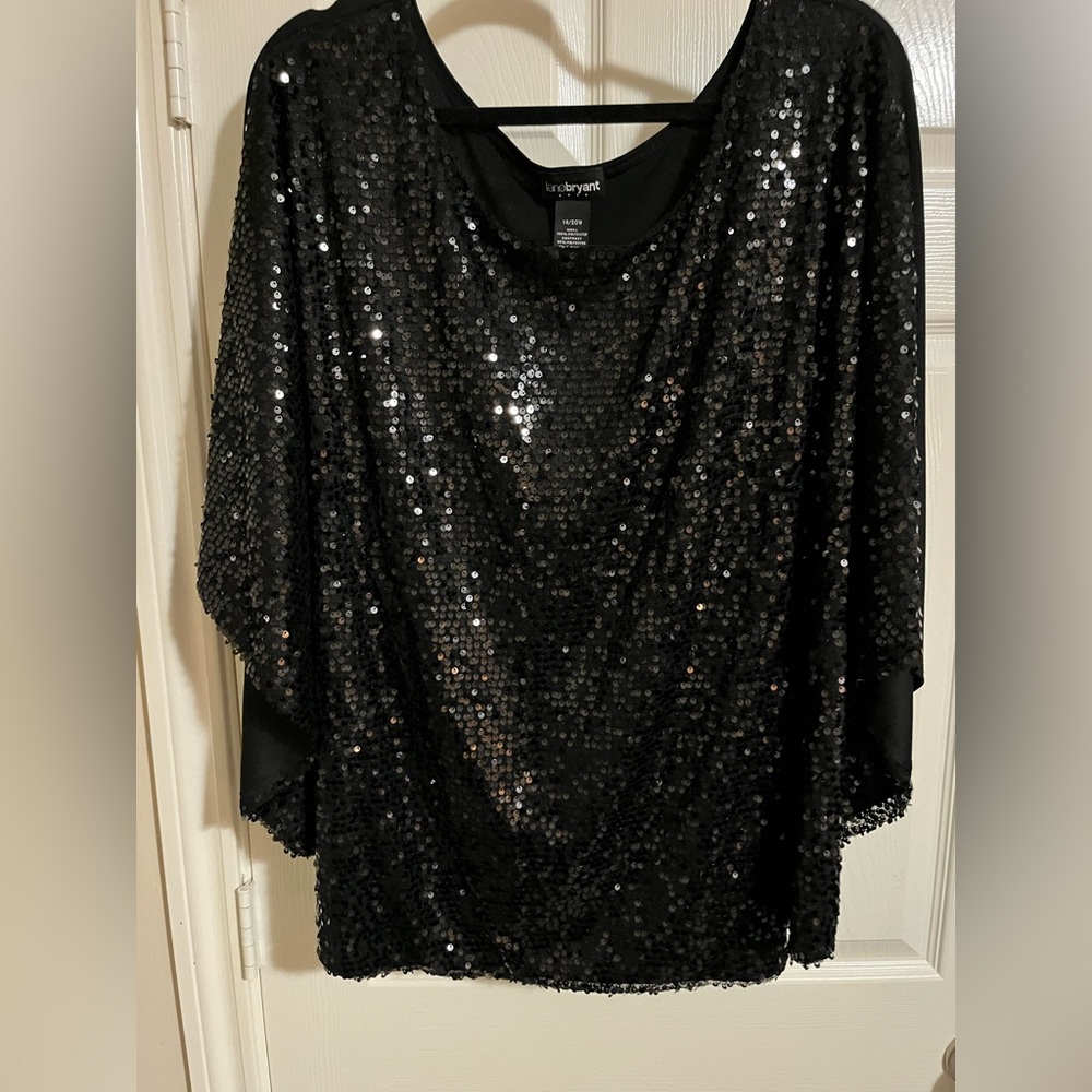 Lane Bryant Black Sequin butterfly sleeve blouse size 14-20
